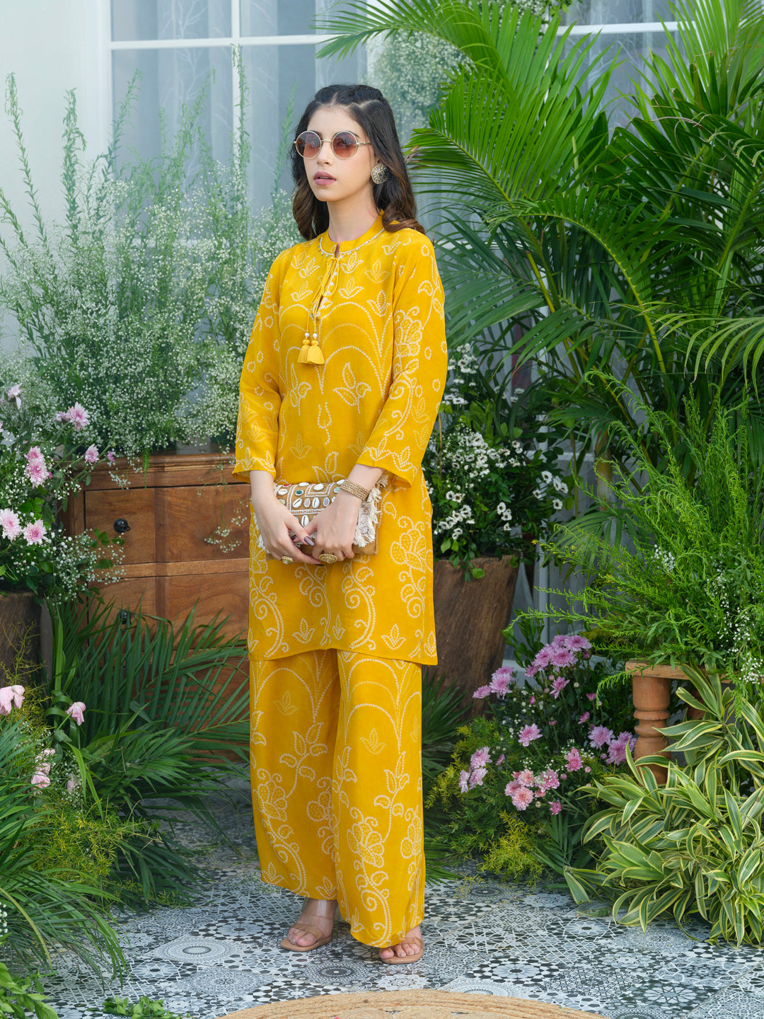 Sunlit Charm – Mustard Yellow Printed Co-Ord Set in Natural Crepe
