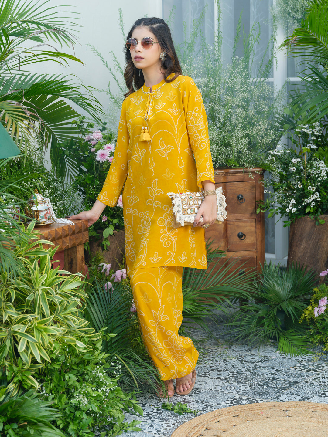Sunlit Charm – Mustard Yellow Printed Co-Ord Set in Natural Crepe
