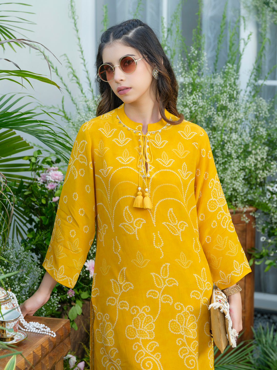 Sunlit Charm – Mustard Yellow Printed Co-Ord Set in Natural Crepe