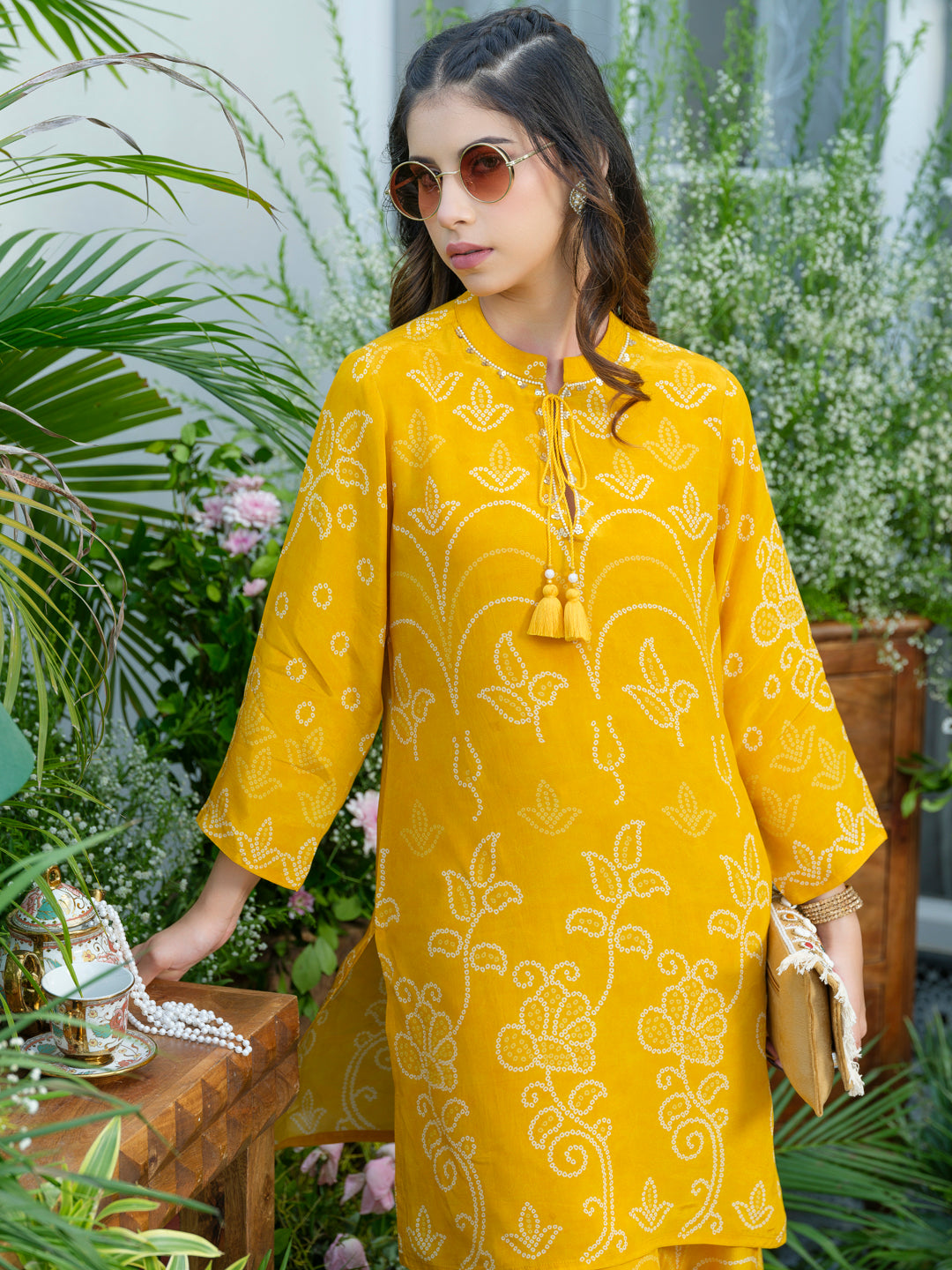 Sunlit Charm – Mustard Yellow Printed Co-Ord Set in Natural Crepe