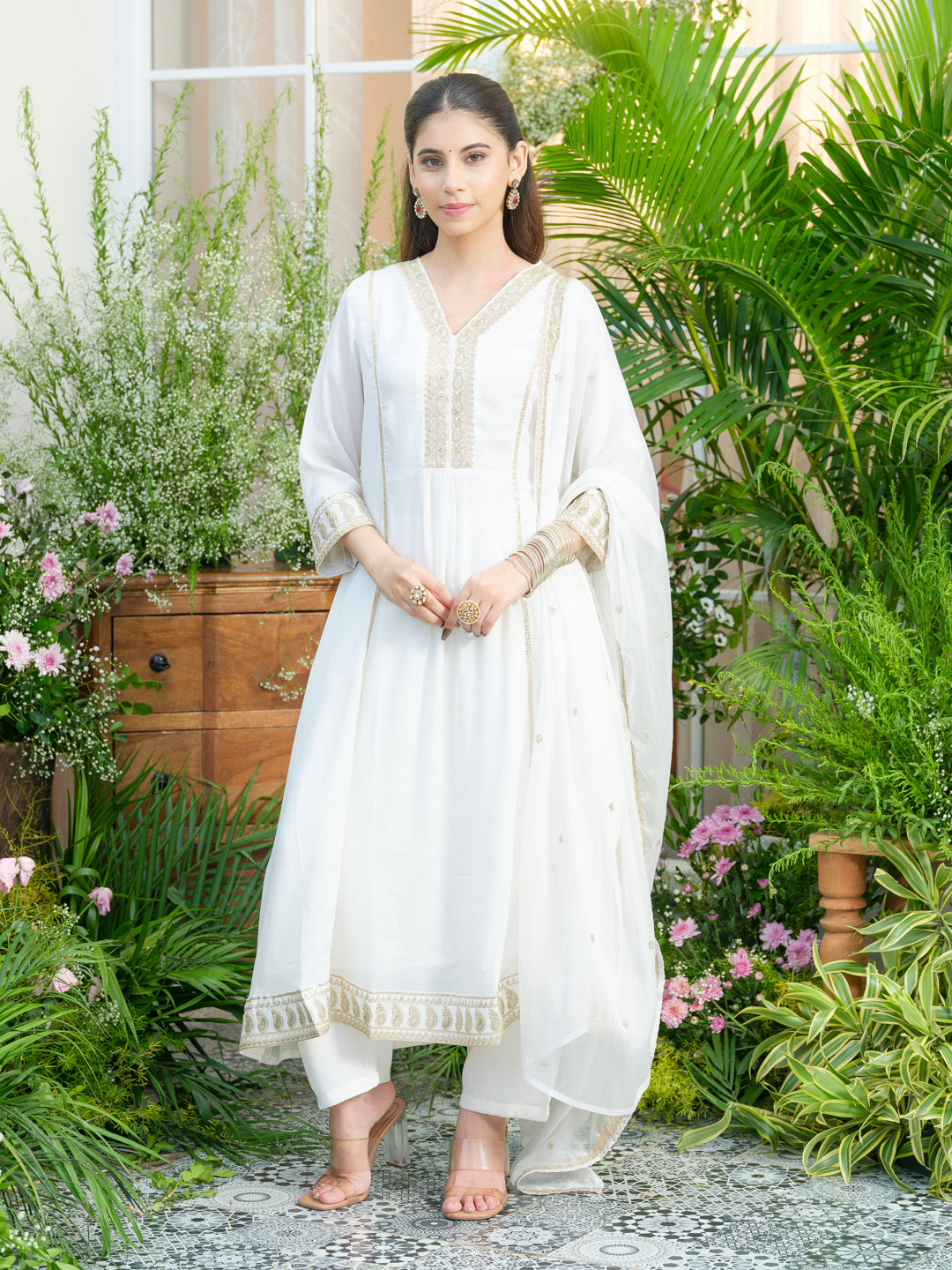 Chikankari Embroidered V Neck Kurta with Pant and Dupatta Set