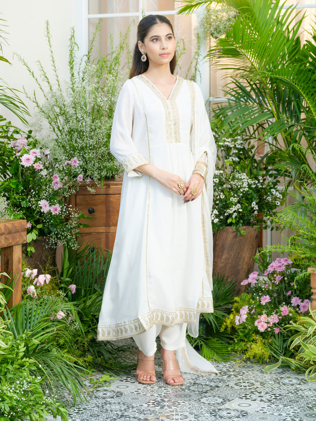 Chikankari Embroidered V Neck Kurta with Pant and Dupatta Set