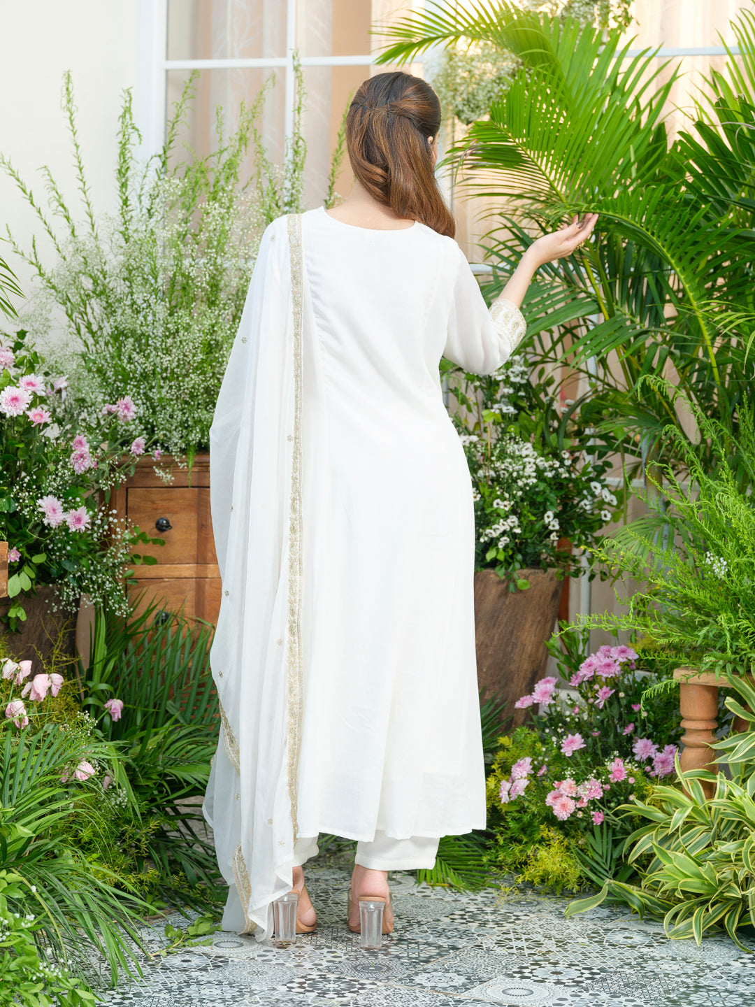 Chikankari Embroidered V Neck Kurta with Pant and Dupatta Set