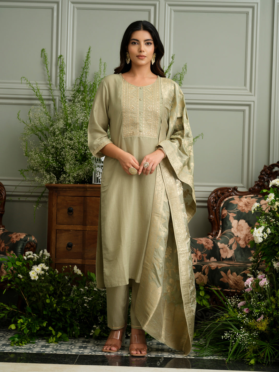 Art Silk Straight Embroidered Yoke Kurta With Pant & Jacquard Dupatta