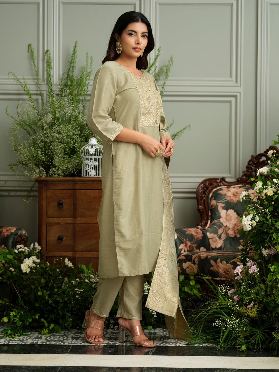 Art Silk Straight Embroidered Yoke Kurta With Pant & Jacquard Dupatta