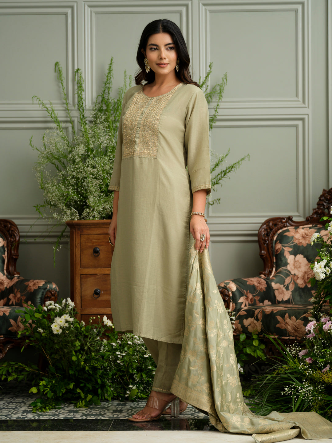 Art Silk Straight Embroidered Yoke Kurta With Pant & Jacquard Dupatta