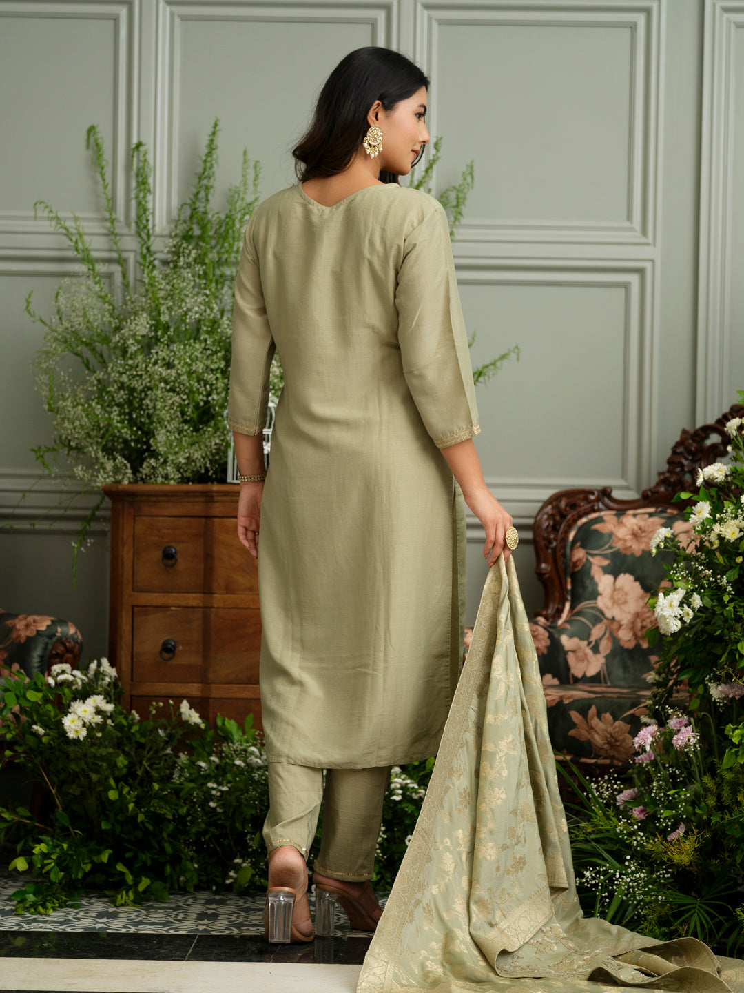 Art Silk Straight Embroidered Yoke Kurta With Pant & Jacquard Dupatta