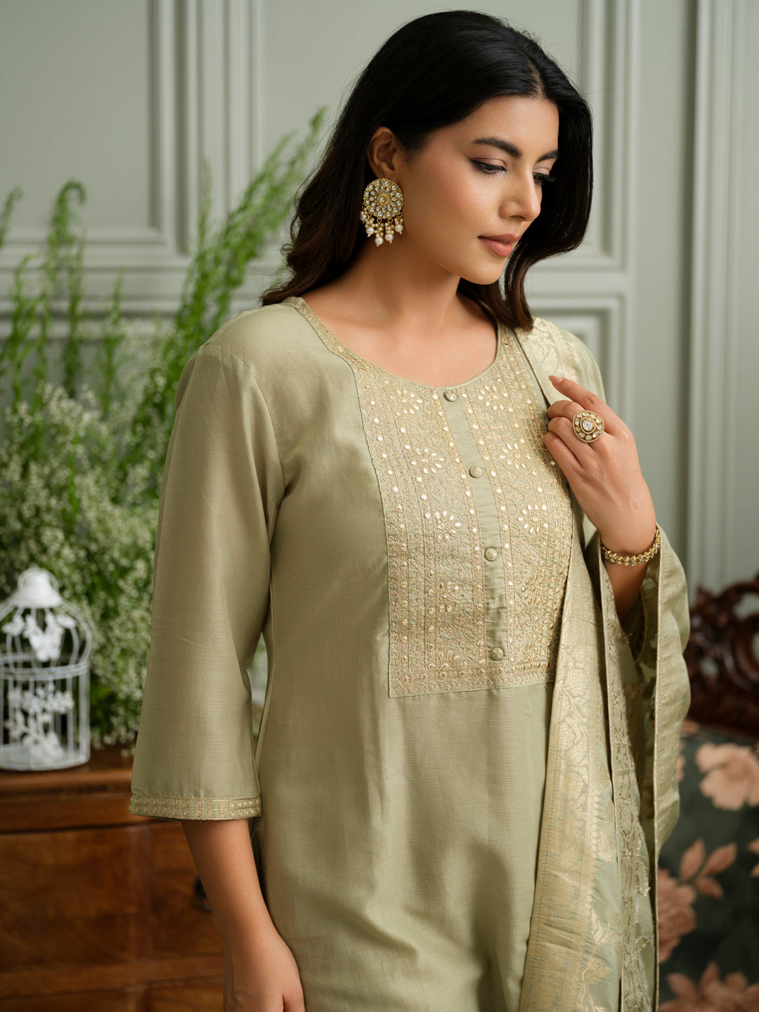 Art Silk Straight Embroidered Yoke Kurta With Pant & Jacquard Dupatta