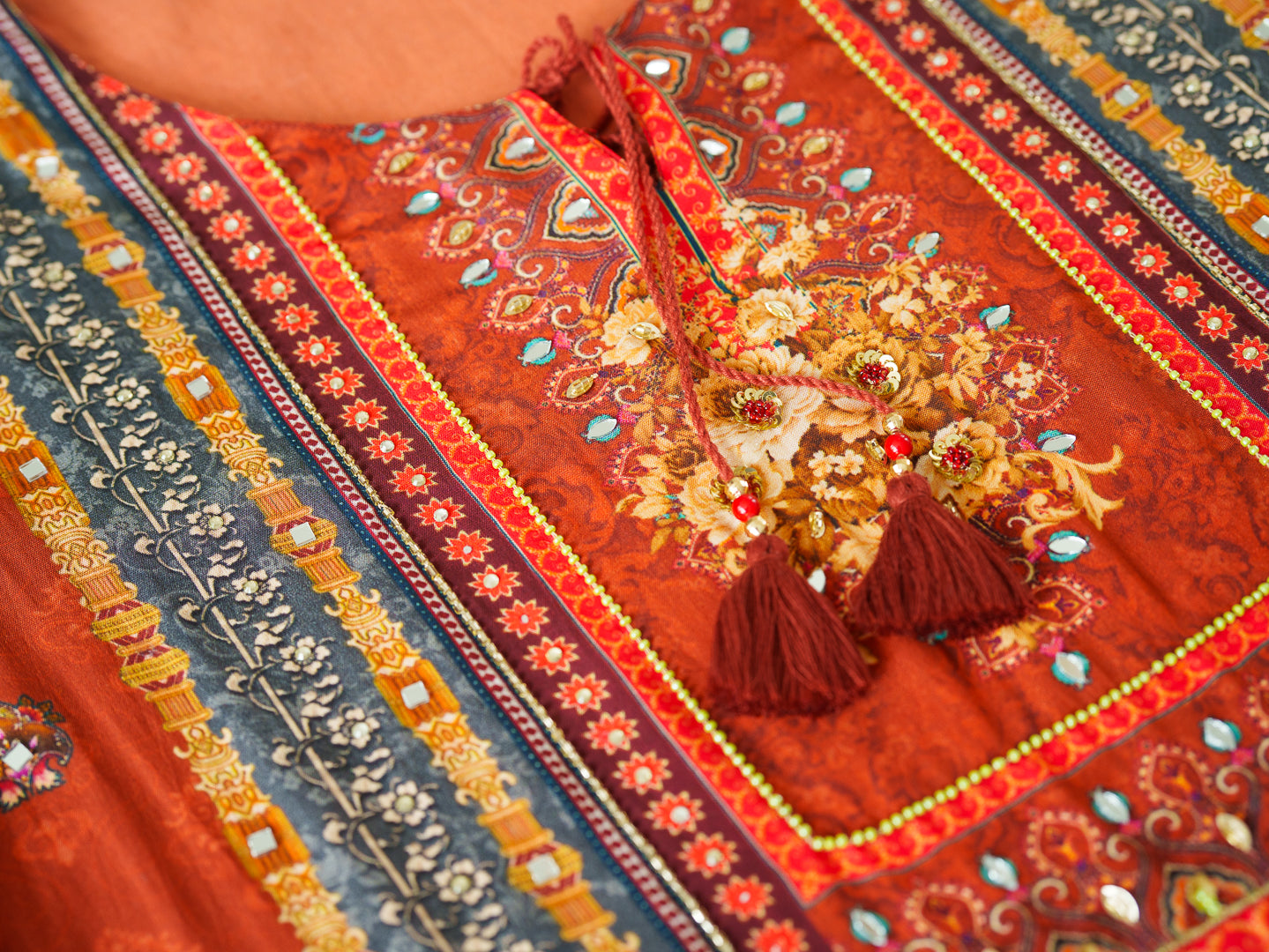 Rust Pakistani Hand & Mirror Work Kurta with Pant and Matching Dupatta