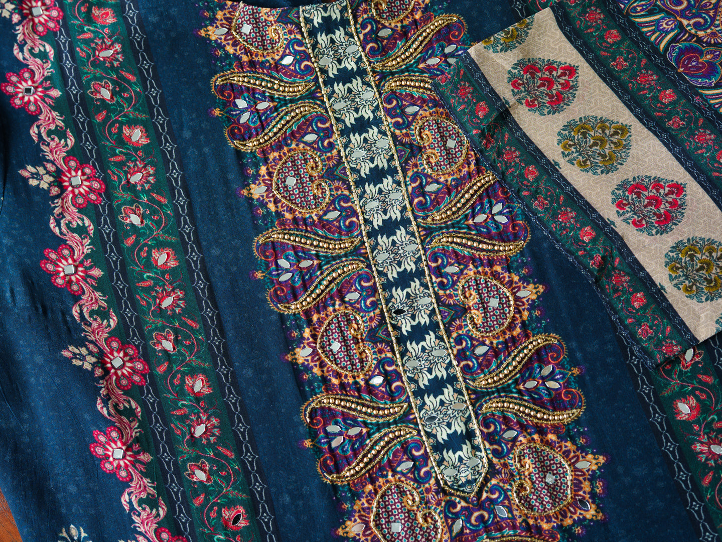 Blue Pakistani Suit Hand & Mirror Work Ethnic Kurta with Trouser & Dupatta Set