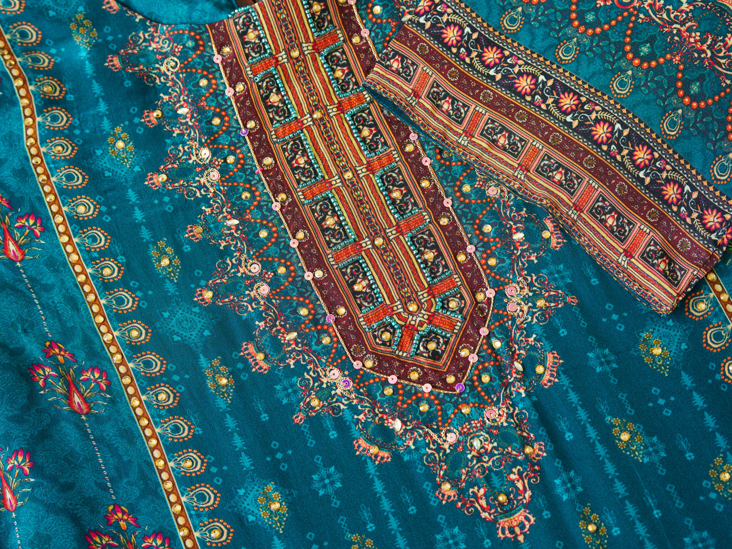 Teal Pakistani Suit with Hand & Mirror Work | 3Pc Festive Ensemble