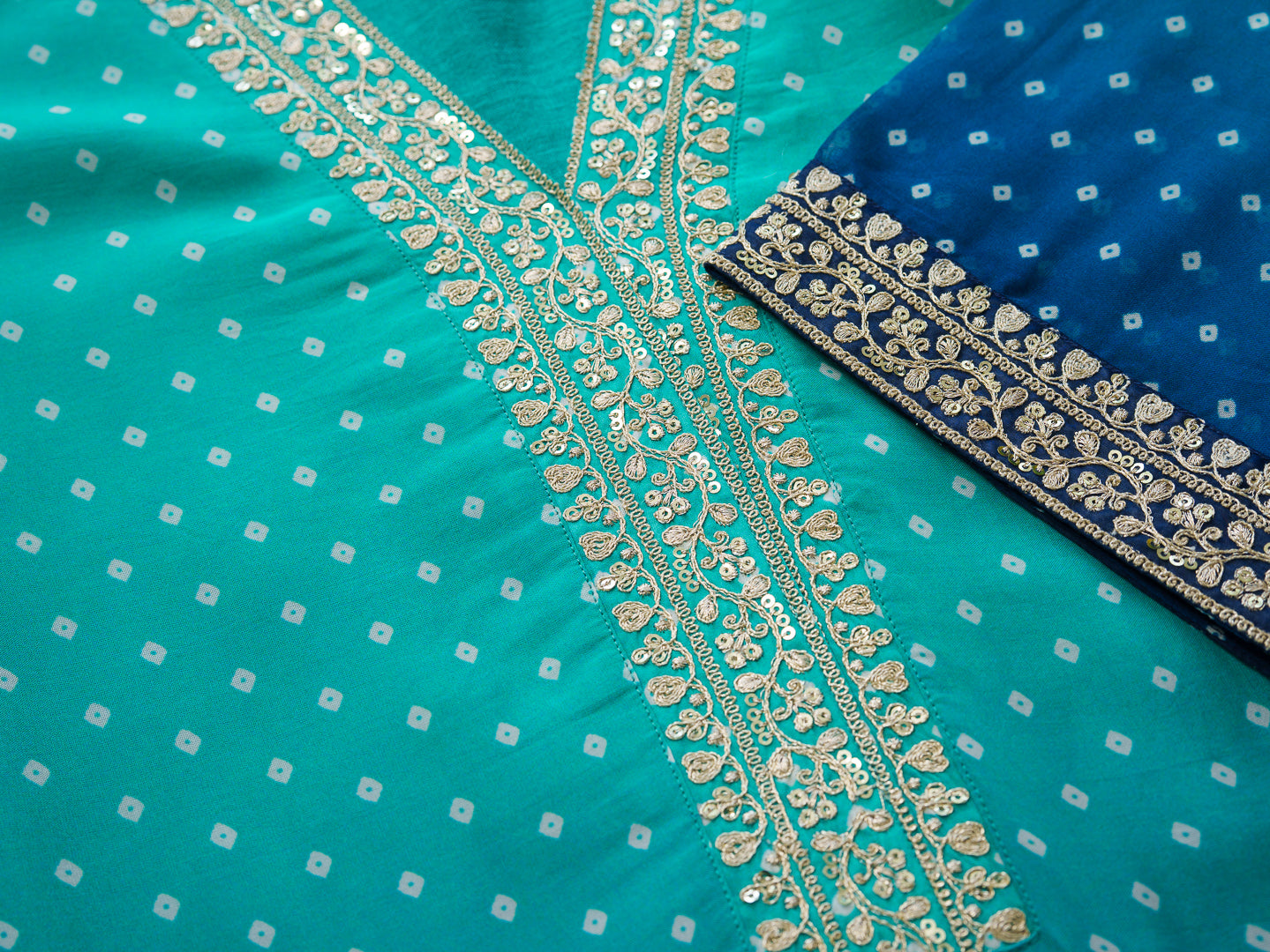 Blue Ombre Embroidered Two Shaded Bandhani print Kurta with Pant and Dupatta