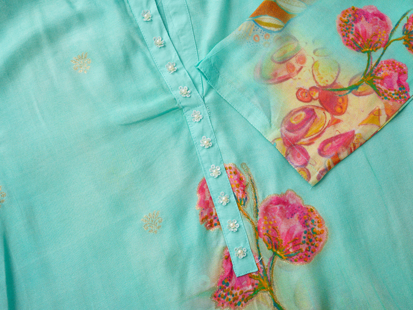 Aqua Blue Floral Printed Co-ord Set with Straight Pants