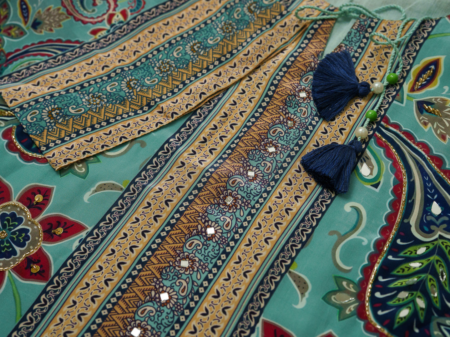 Sea Blue Printed Natural Crepe Silk Co-ords Set with Tassels & Handwork