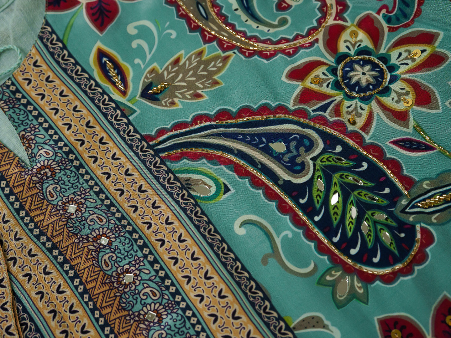 Sea Blue Printed Natural Crepe Silk Co-ords Set with Tassels & Handwork