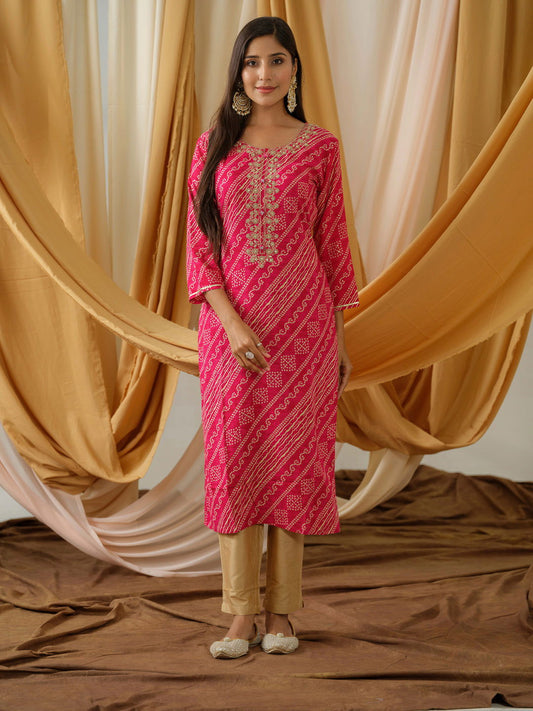 Bandhani Printed Round Neck Straight Kurta - Buy Best Ethnic Wear for Women & Girls | Daily Woman -