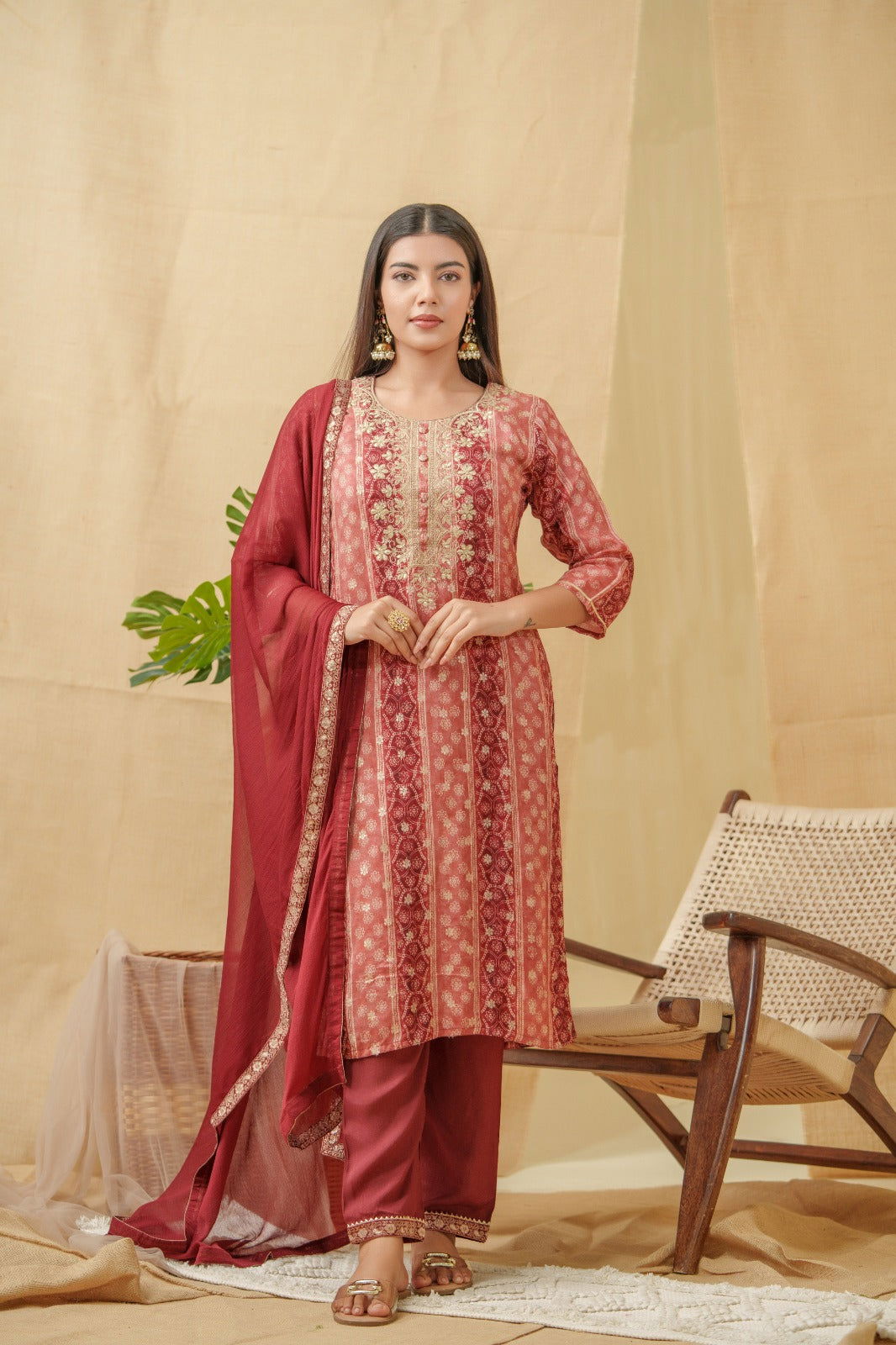 Tan Brown Bandhani Printed Tiered Ethnic Kurta With Dupatta For Women