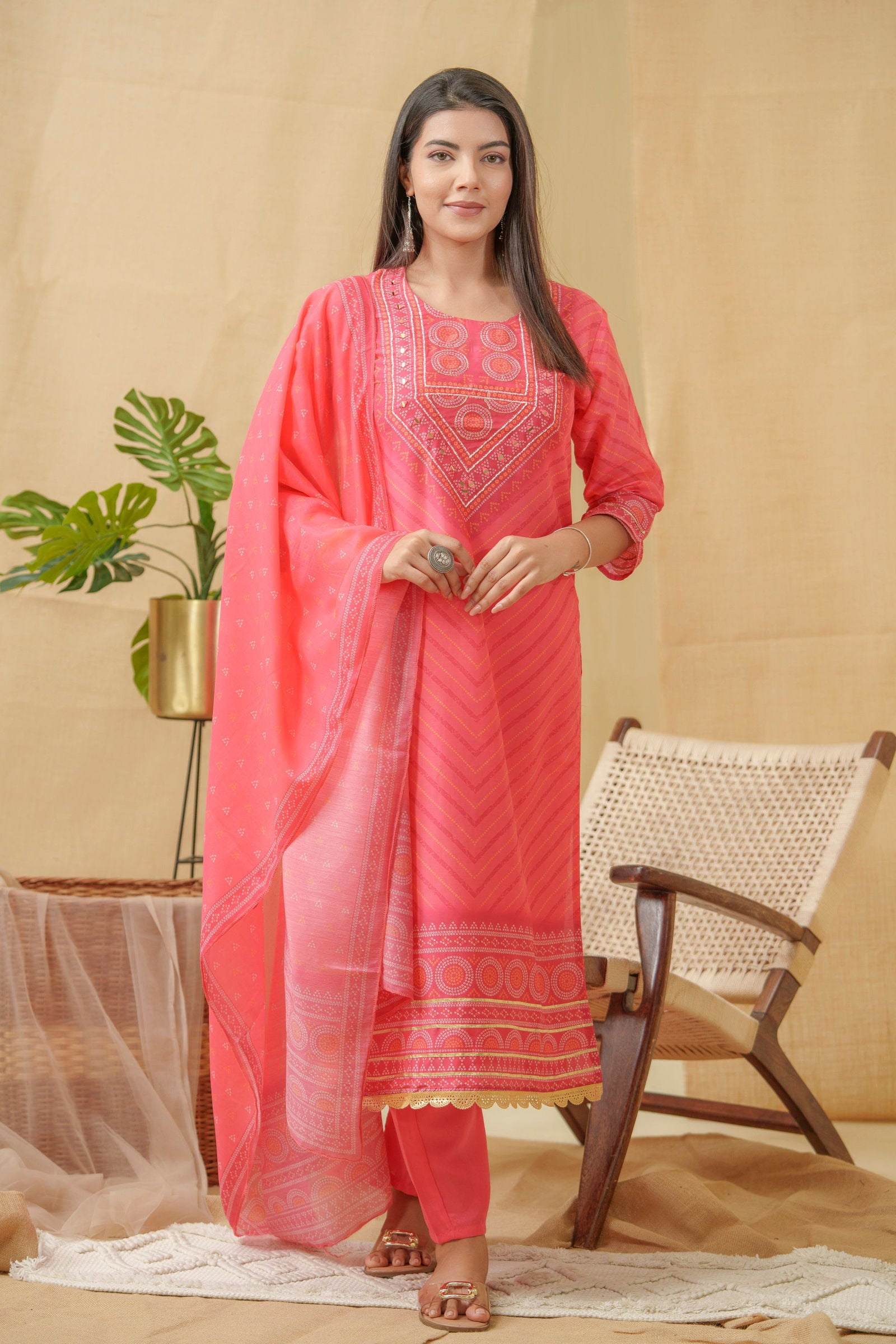 Bandhani Printed Thread Work Linen Kurta With Trousers & Dupatta - Buy Best Ethnic Wear for Women & Girls | Daily Woman -