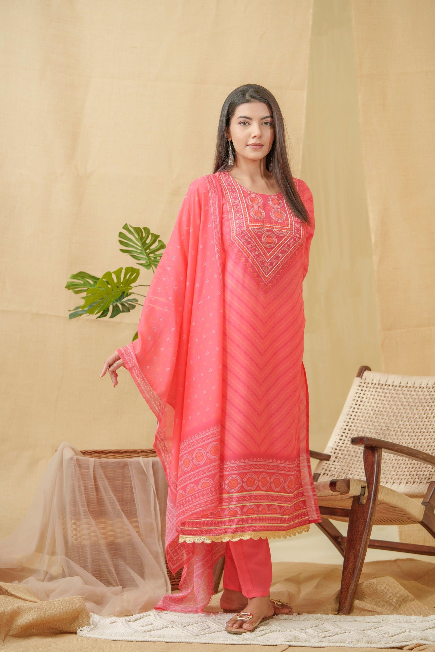 Bandhani Printed Thread Work Linen Kurta With Trousers & Dupatta - Buy Best Ethnic Wear for Women & Girls | Daily Woman -