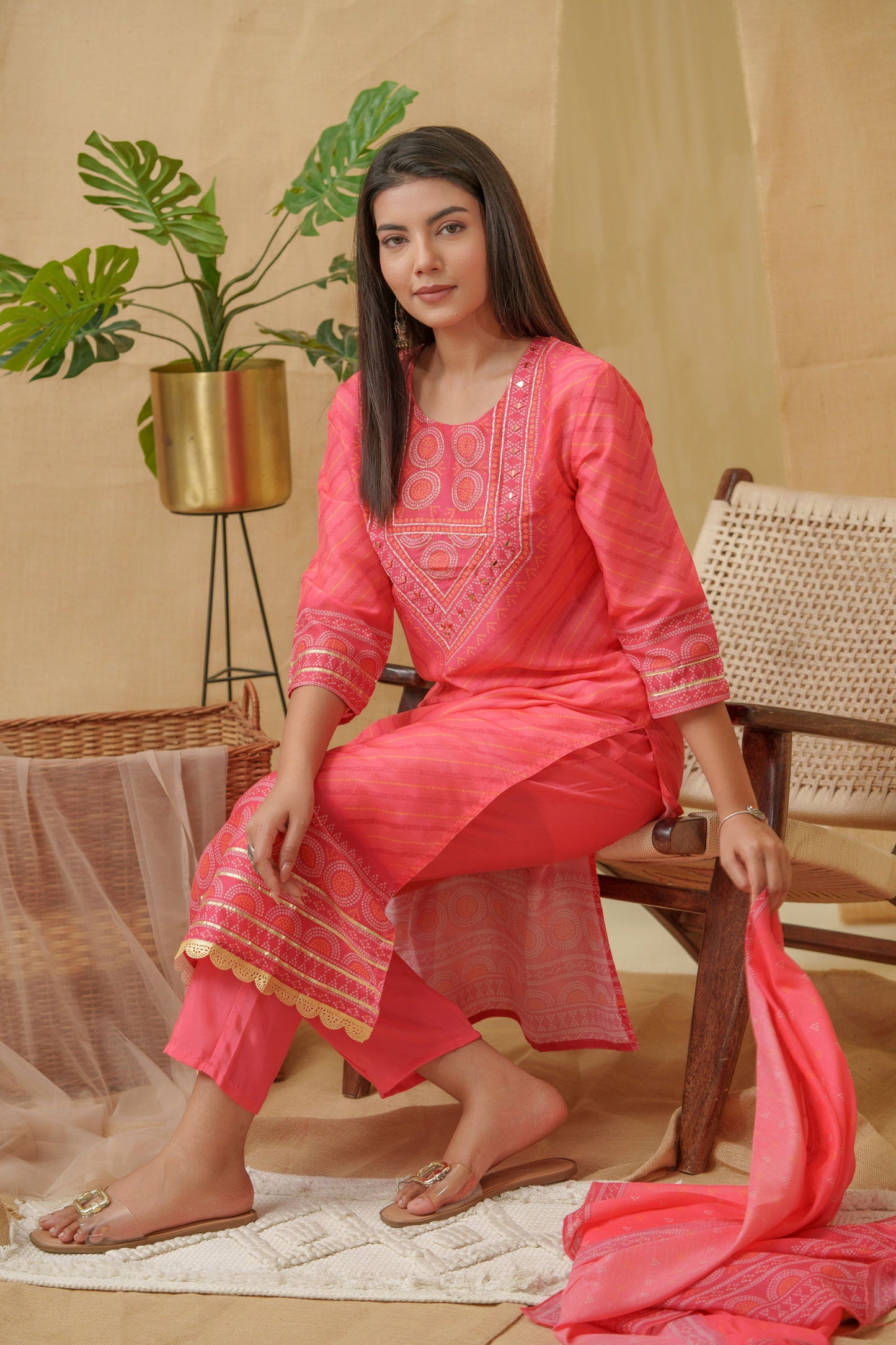 Bandhani Printed Thread Work Linen Kurta With Trousers & Dupatta - Buy Best Ethnic Wear for Women & Girls | Daily Woman -