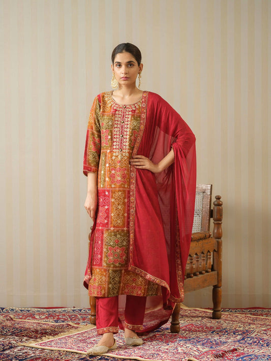 Bandhani Printed Thread Work Regular Pure Silk Kurta With Trousers & Dupatta - Buy Best Ethnic Wear for Women & Girls | Daily Woman -