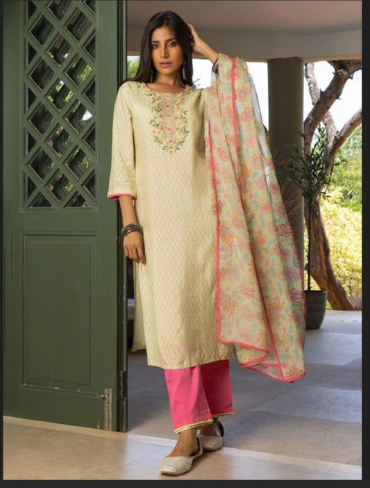 Beige Geometric Printed Straight Kurta and Trousers With Dupatta - Buy Best Ethnic Wear for Women & Girls | Daily Woman -