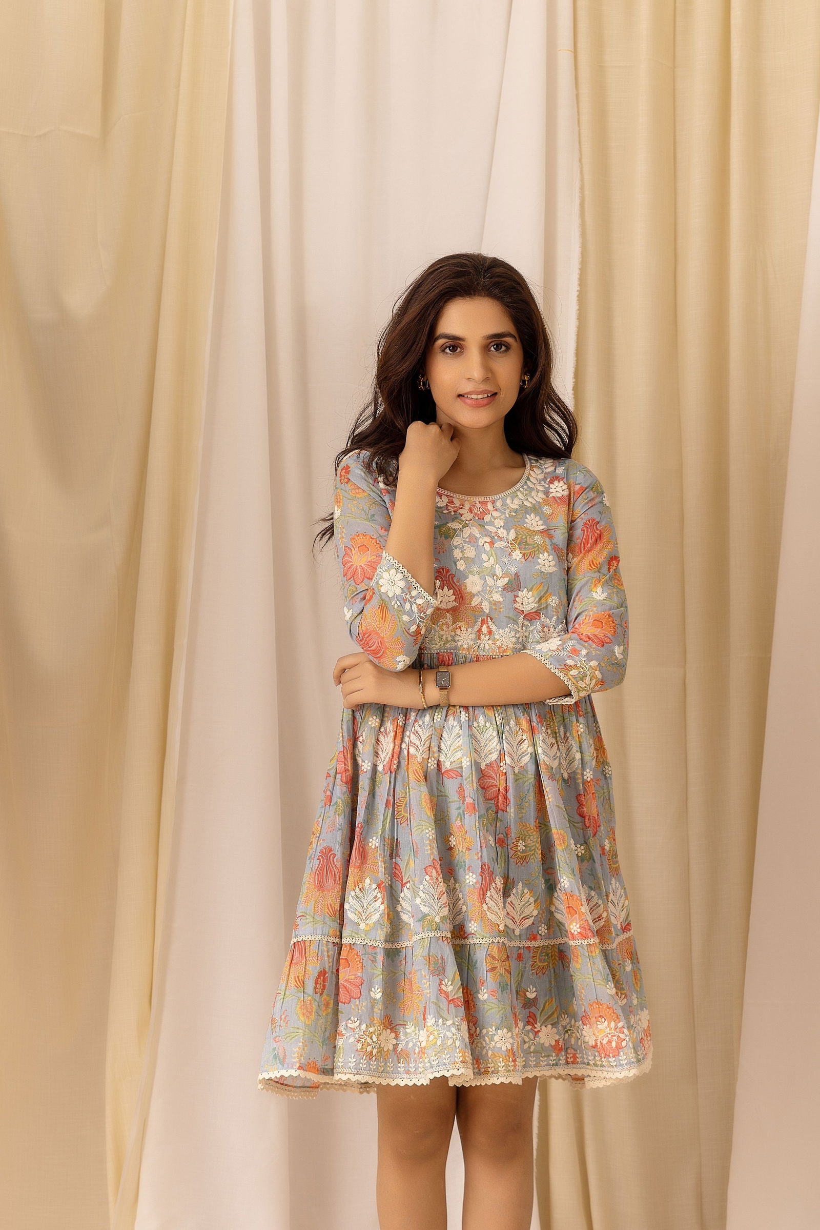 Blue Embroidered Cotton A-Line Ethnic Dress - Buy Best Ethnic Wear for Women & Girls | Daily Woman -