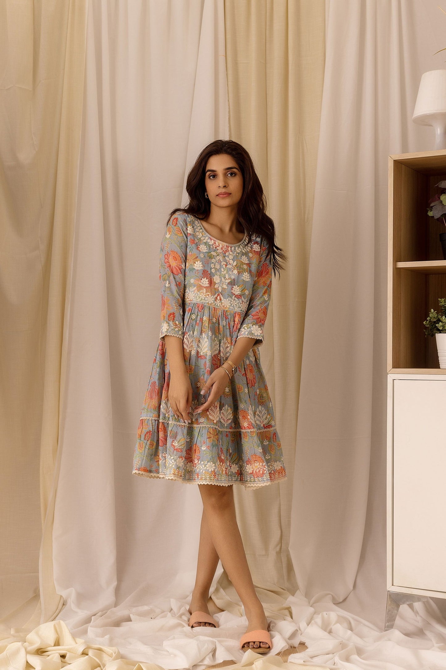 Blue Embroidered Cotton A-Line Ethnic Dress - Buy Best Ethnic Wear for Women & Girls | Daily Woman -