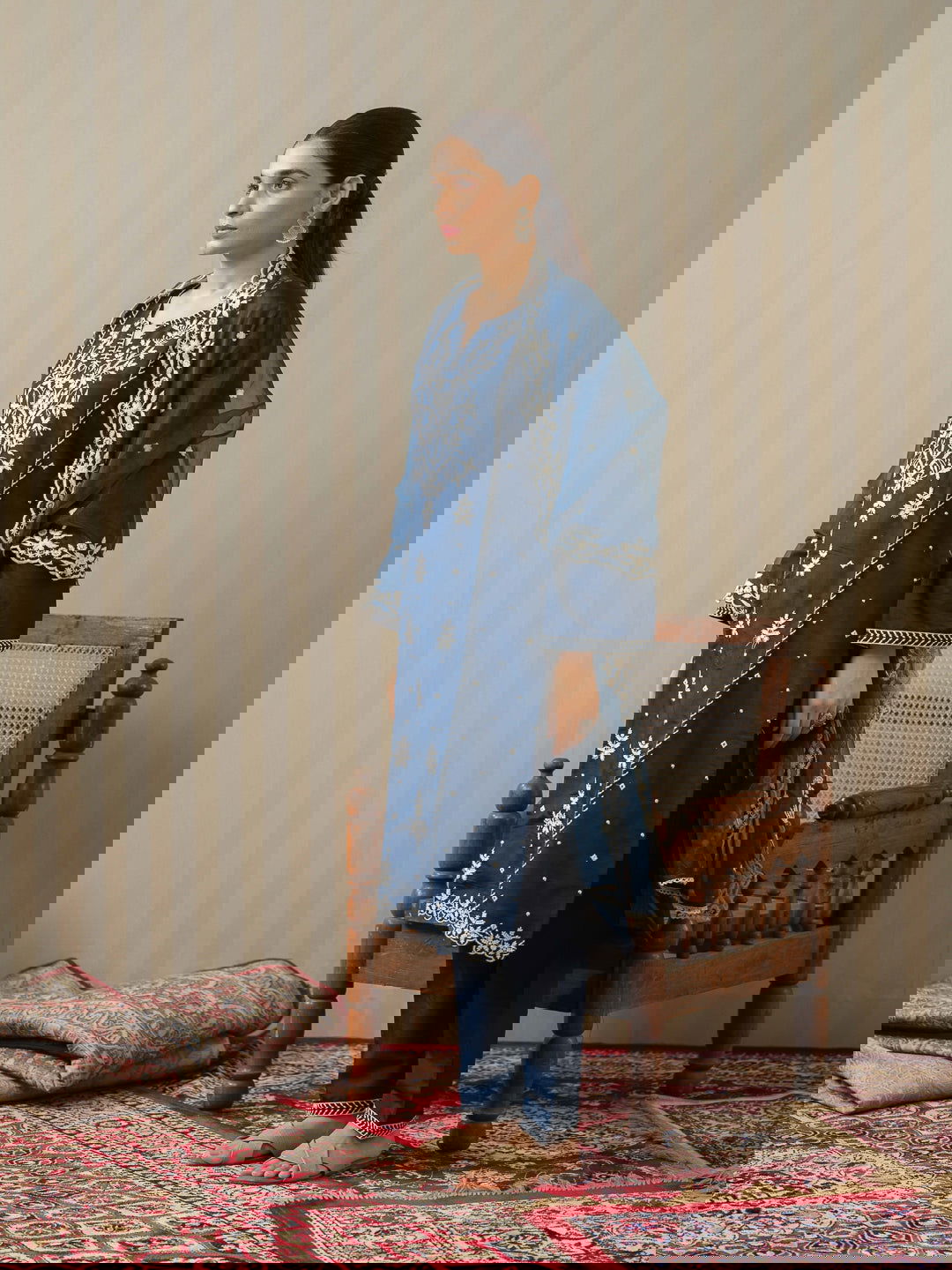 Blue Embroidered Woven Design Straight Kurta and Trousers With Dupatta - Buy Best Ethnic Wear for Women & Girls | Daily Woman -