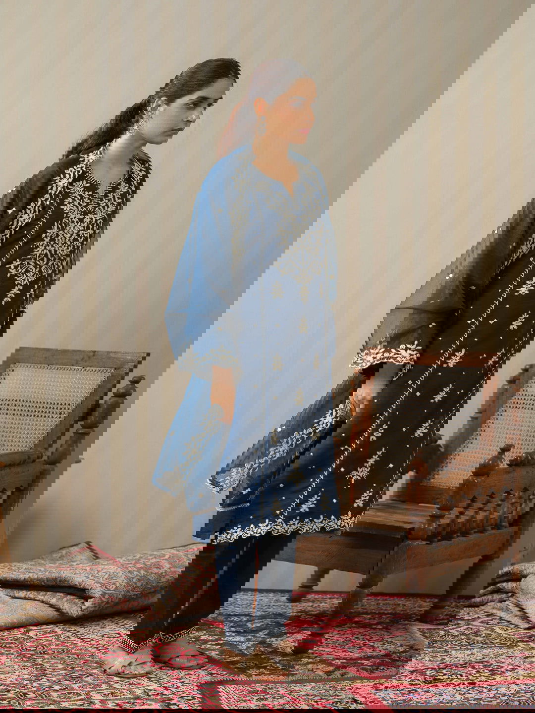 Blue Embroidered Woven Design Straight Kurta and Trousers With Dupatta - Buy Best Ethnic Wear for Women & Girls | Daily Woman -