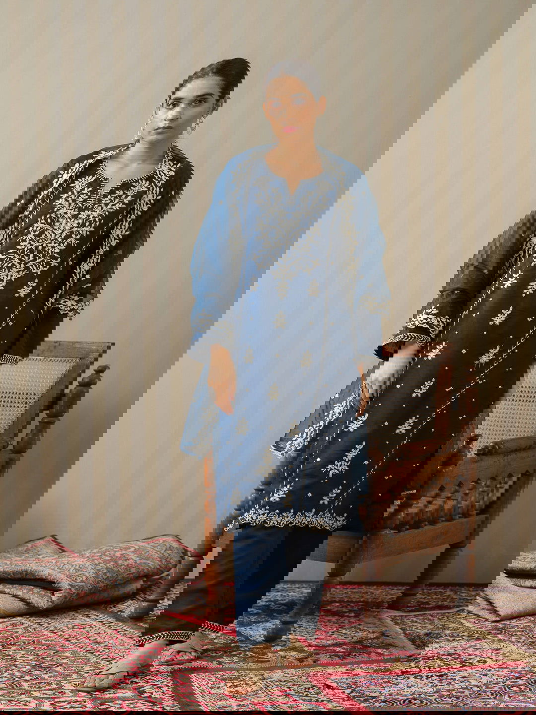 Blue Embroidered Woven Design Straight Kurta and Trousers With Dupatta - Buy Best Ethnic Wear for Women & Girls | Daily Woman -