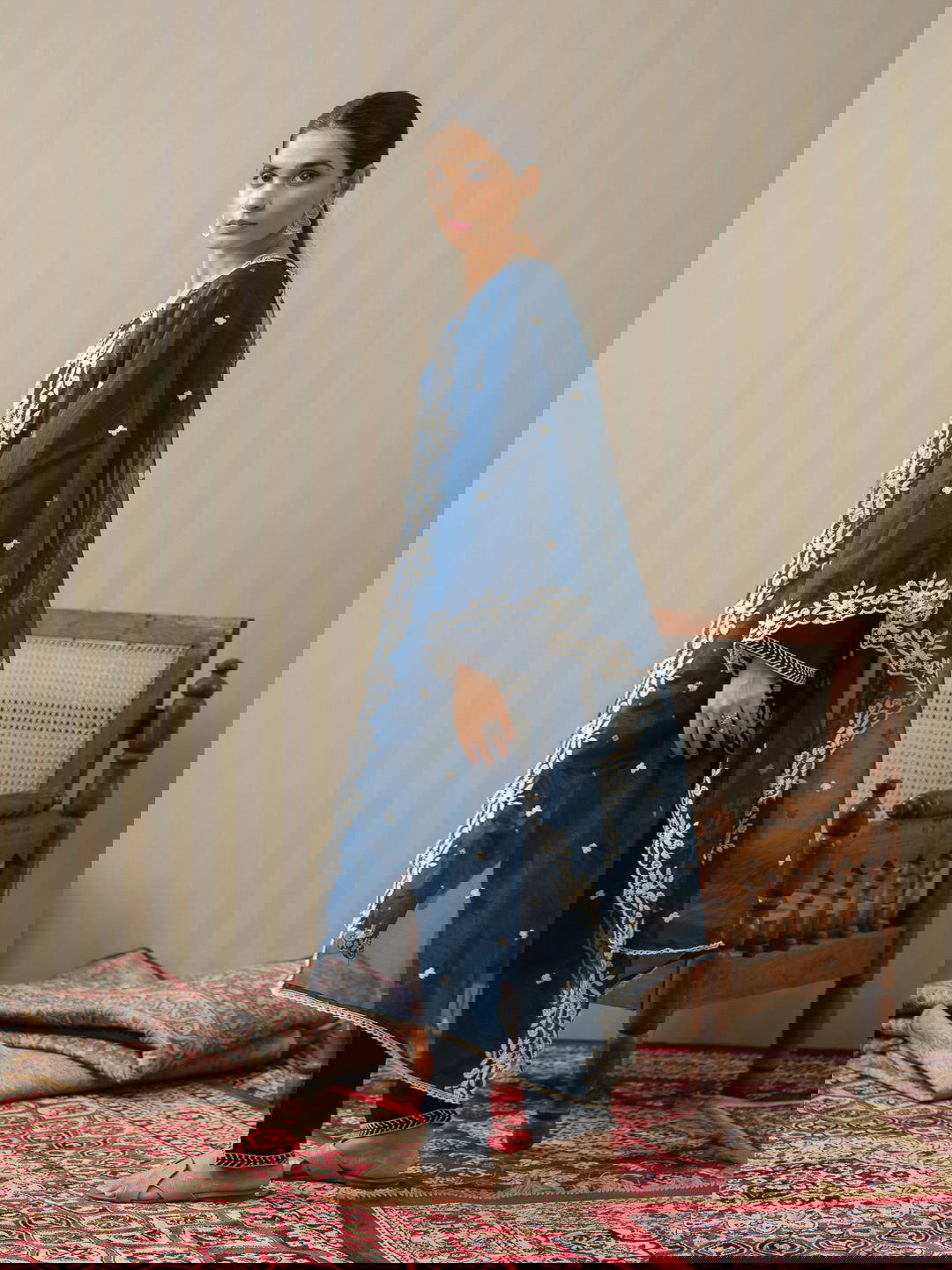 Blue Embroidered Woven Design Straight Kurta and Trousers With Dupatta - Buy Best Ethnic Wear for Women & Girls | Daily Woman -