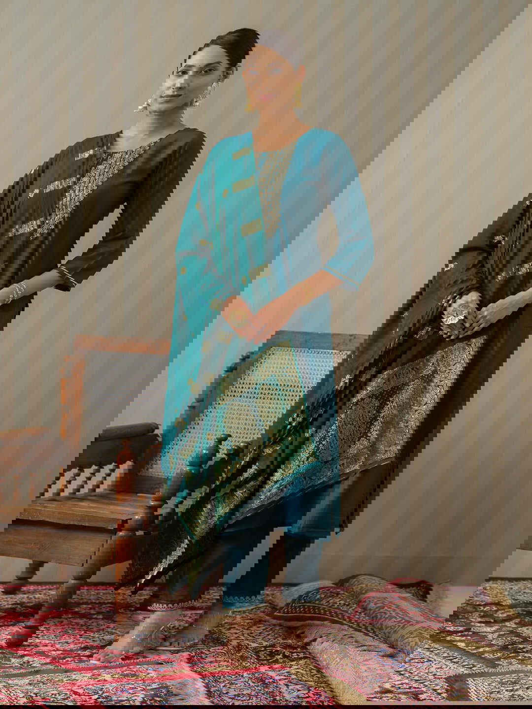 Blue Ethnic Motifs Straight Kurta & Trousers With Dupatta - Buy Best Ethnic Wear for Women & Girls | Daily Woman -