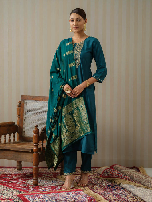 Blue Ethnic Motifs Straight Kurta & Trousers With Dupatta - Buy Best Ethnic Wear for Women & Girls | Daily Woman -