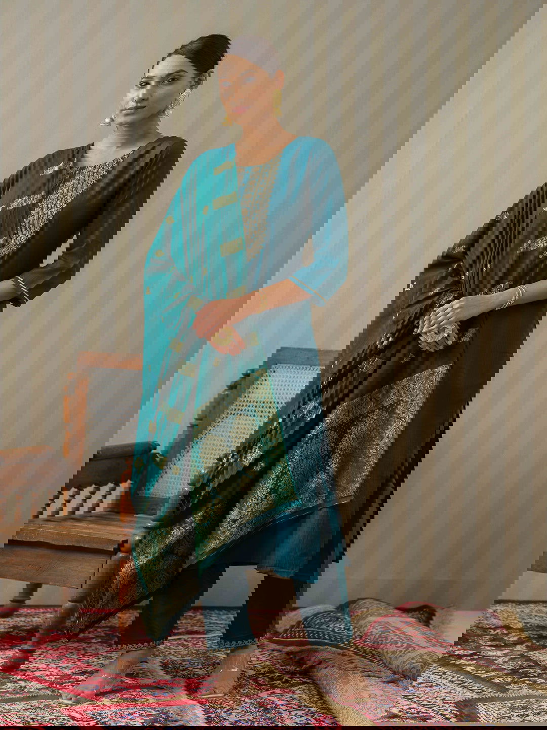 Blue Ethnic Motifs Straight Kurta & Trousers With Dupatta - Buy Best Ethnic Wear for Women & Girls | Daily Woman -