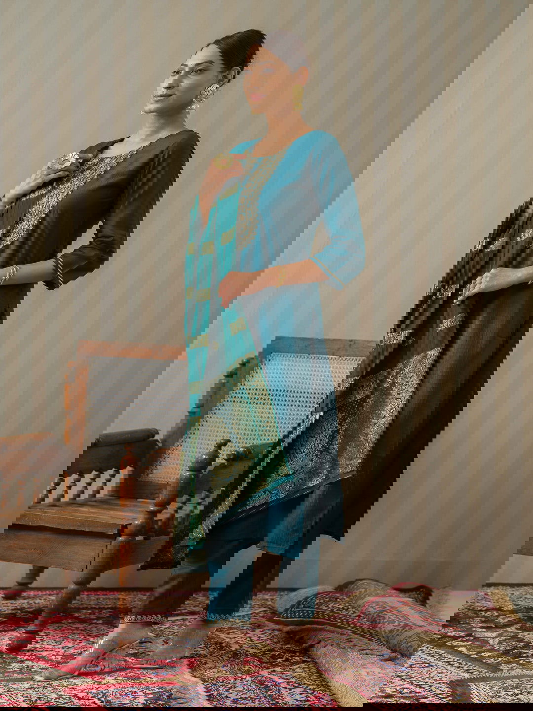 Blue Ethnic Motifs Straight Kurta & Trousers With Dupatta - Buy Best Ethnic Wear for Women & Girls | Daily Woman -