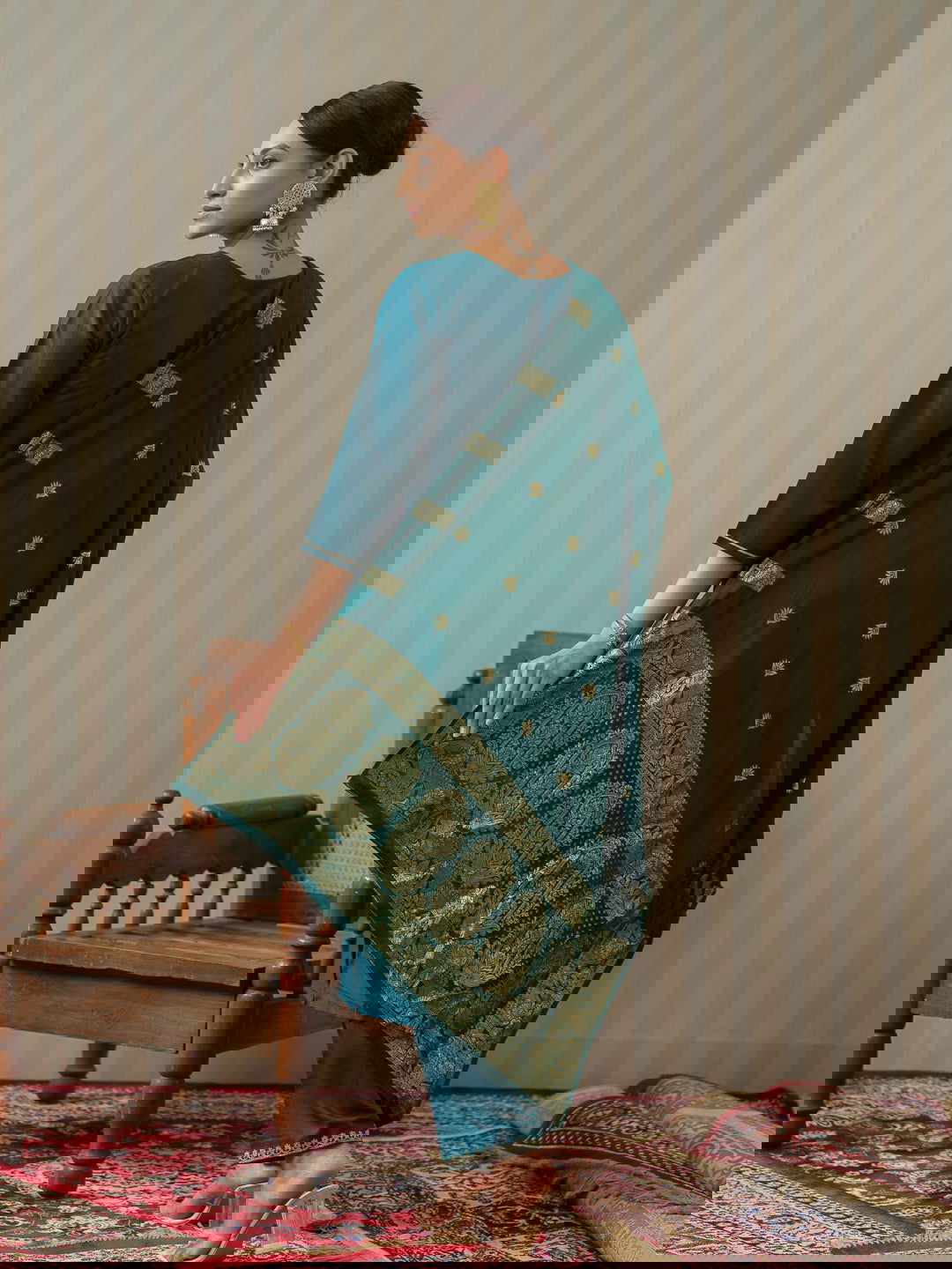 Blue Ethnic Motifs Straight Kurta & Trousers With Dupatta - Buy Best Ethnic Wear for Women & Girls | Daily Woman -