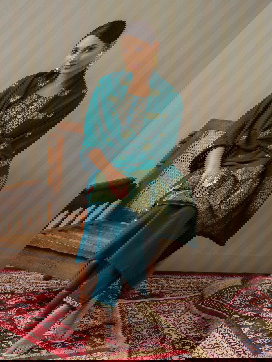 Blue Ethnic Motifs Straight Kurta & Trousers With Dupatta - Buy Best Ethnic Wear for Women & Girls | Daily Woman -