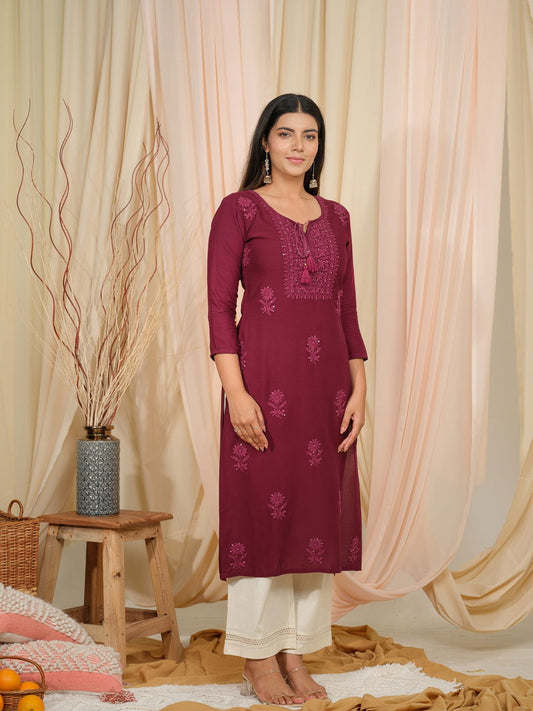 Burgundy Floral Embroidered Tie-Up Neck Straight Kurtas - Buy Best Ethnic Wear for Women & Girls | Daily Woman -