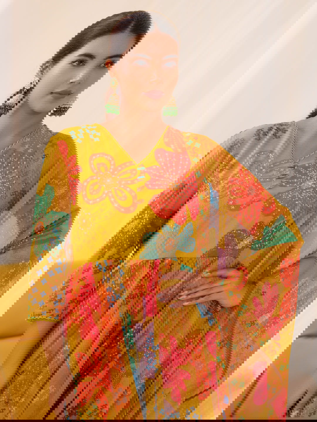 Chiffon Mustrad Women Ethnic Motifs Embroidered Kurta With Trousers & Dupatta - Buy Best Ethnic Wear for Women & Girls | Daily Woman -