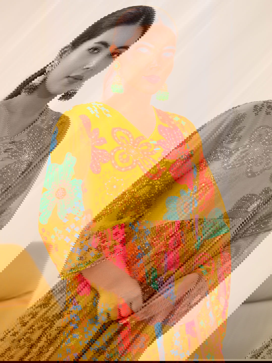 Chiffon Mustrad Women Ethnic Motifs Embroidered Kurta With Trousers & Dupatta - Buy Best Ethnic Wear for Women & Girls | Daily Woman -