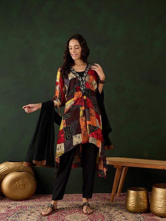 Chinon Printed With Beaded Neck Detail Kurta With Trousers & Dupatta - Buy Best Ethnic Wear for Women & Girls | Daily Woman -