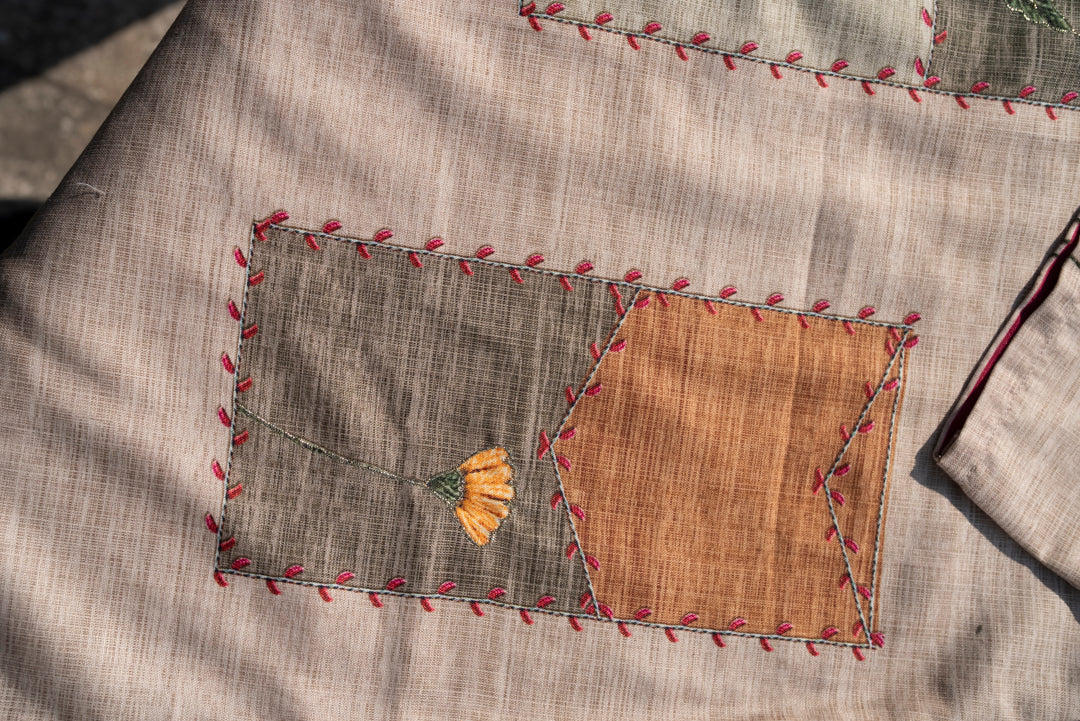 Beige Poly-Linen Embroidered 3-Piece Set