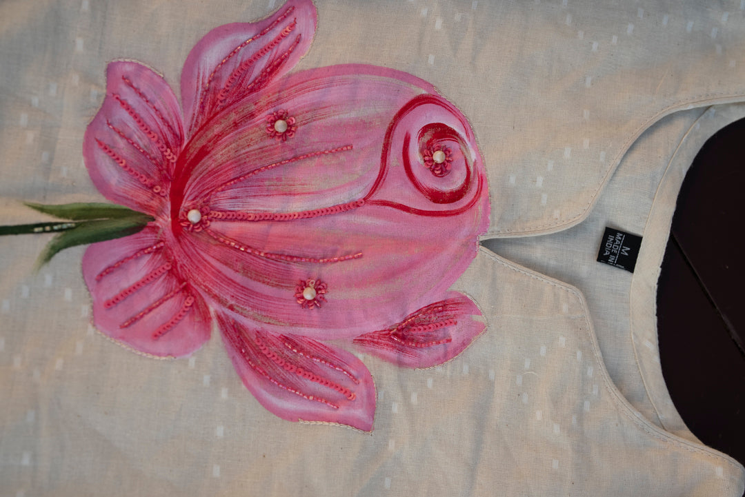 Hand-Painted Pink Lotus Cotton Kurta Set with Wide-Leg Pants