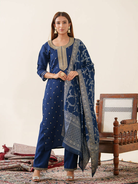 Elegant Roman Silk Navy Blue Kurta Set for Every Occasion - Buy Best Ethnic Wear for Women & Girls | Daily Woman -