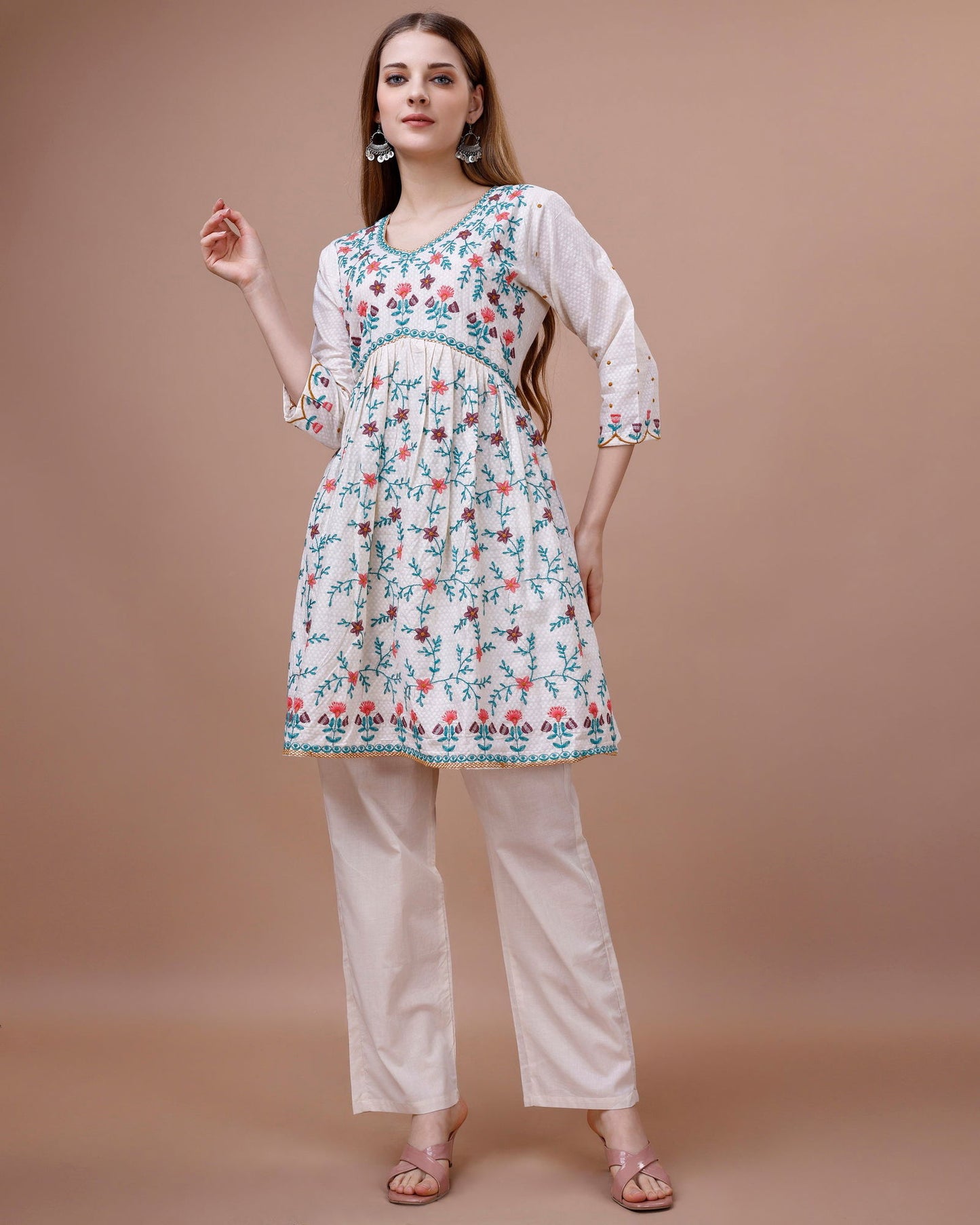 Embroidered V-Neck Pure Cotton A-Line Kurti - Buy Best Ethnic Wear for Women & Girls | Daily Woman -