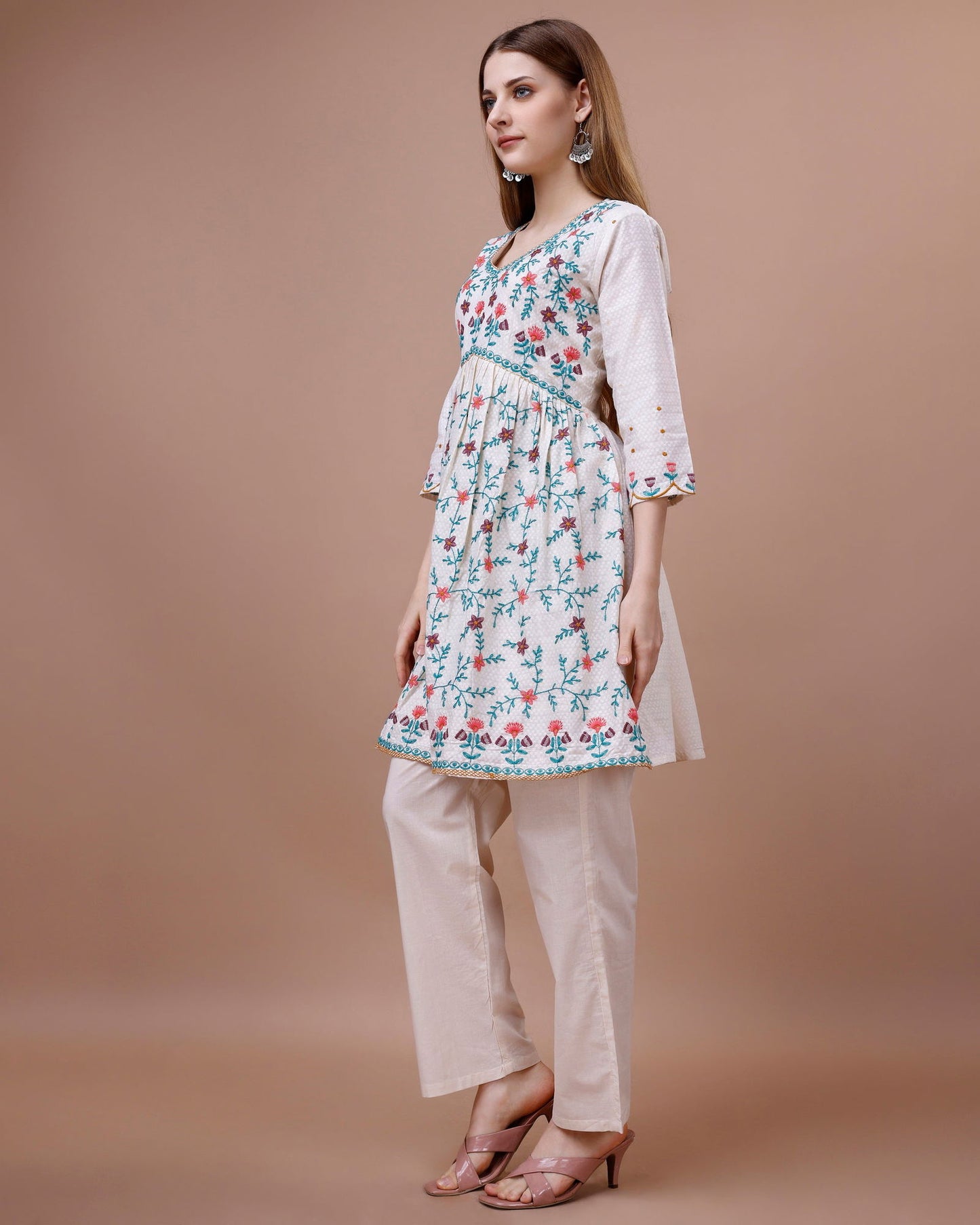 Embroidered V-Neck Pure Cotton A-Line Kurti - Buy Best Ethnic Wear for Women & Girls | Daily Woman -
