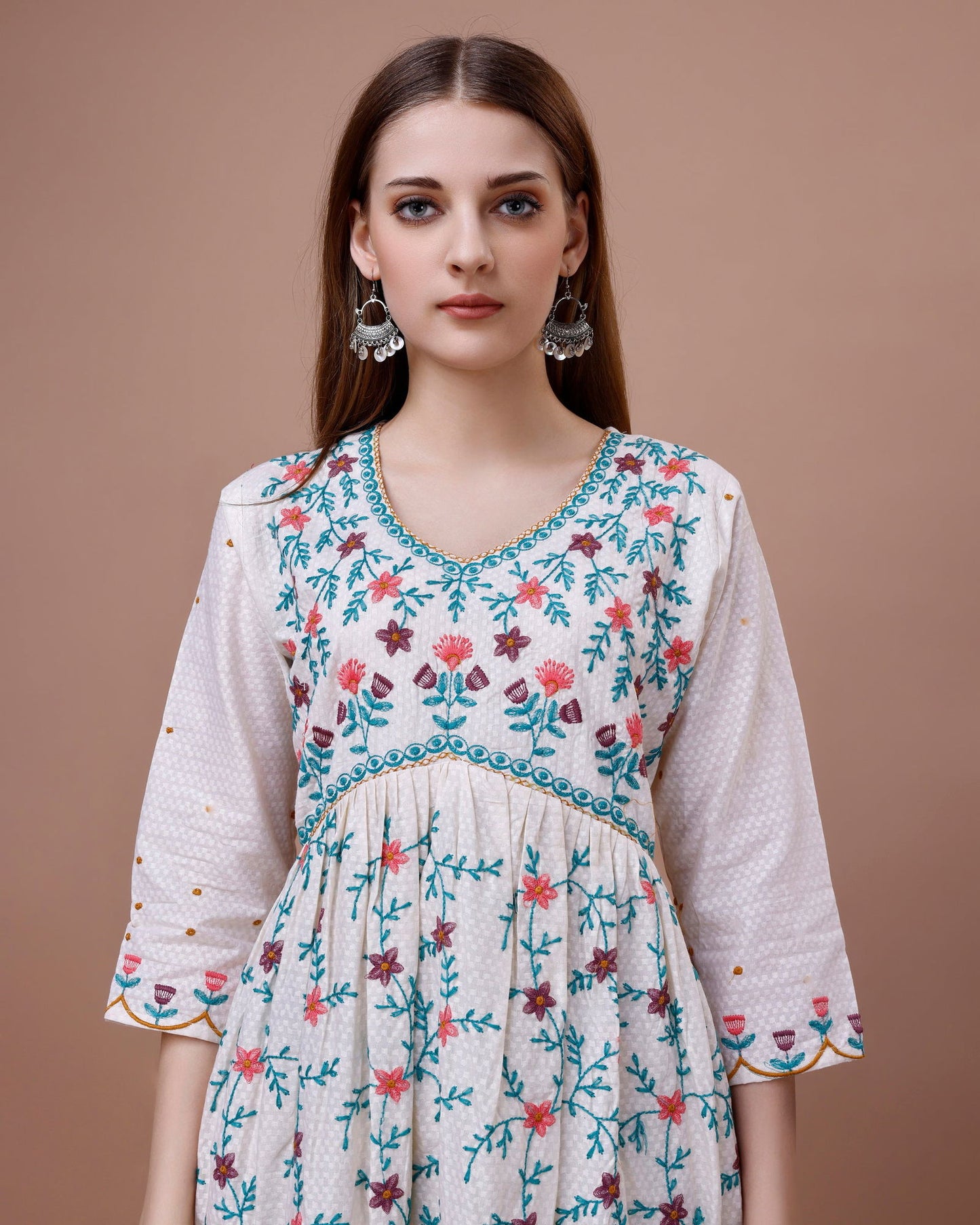 Embroidered V-Neck Pure Cotton A-Line Kurti - Buy Best Ethnic Wear for Women & Girls | Daily Woman -