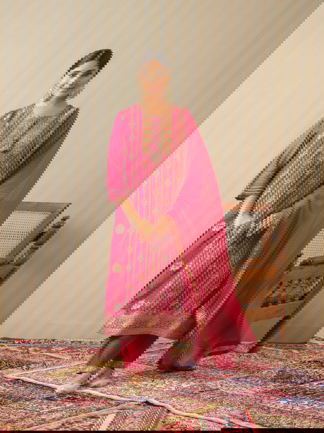 Ethnic Motifs Woven Design Straight Kurta With Trouser & Dupatta - Buy Best Ethnic Wear for Women & Girls | Daily Woman -