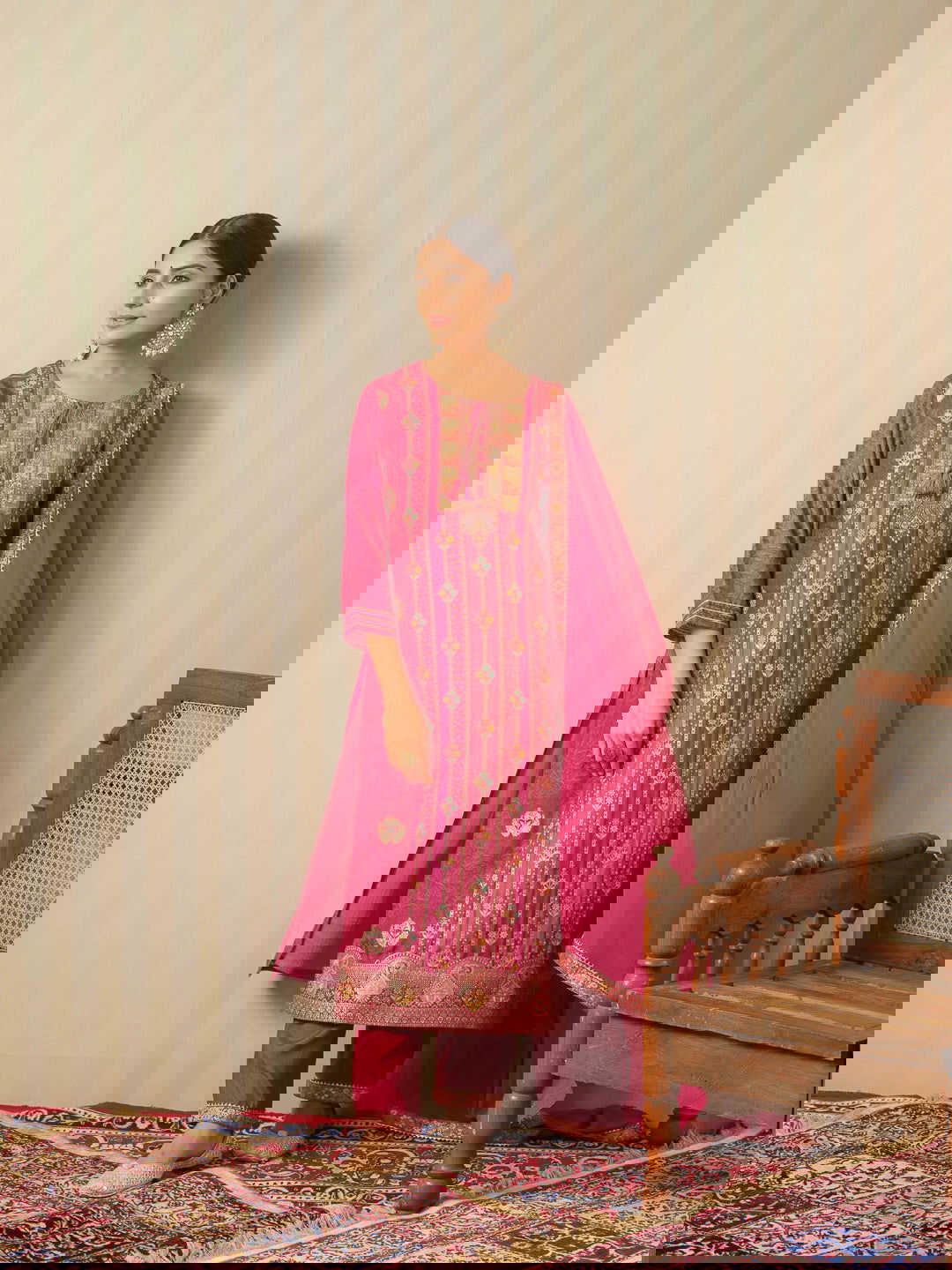 Ethnic Motifs Woven Design Straight Kurta With Trouser & Dupatta - Buy Best Ethnic Wear for Women & Girls | Daily Woman -